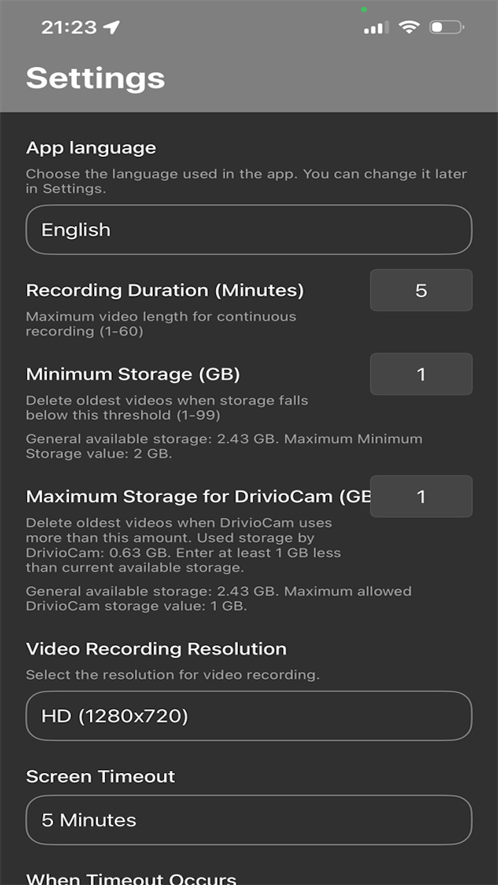 Storage settings screen
